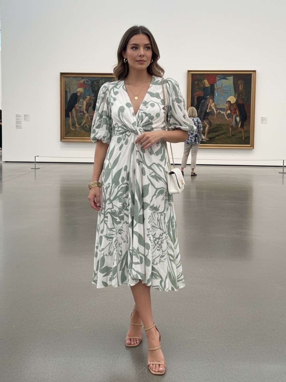 Tie-Front Floral Midi Dress in Sage and White NWT